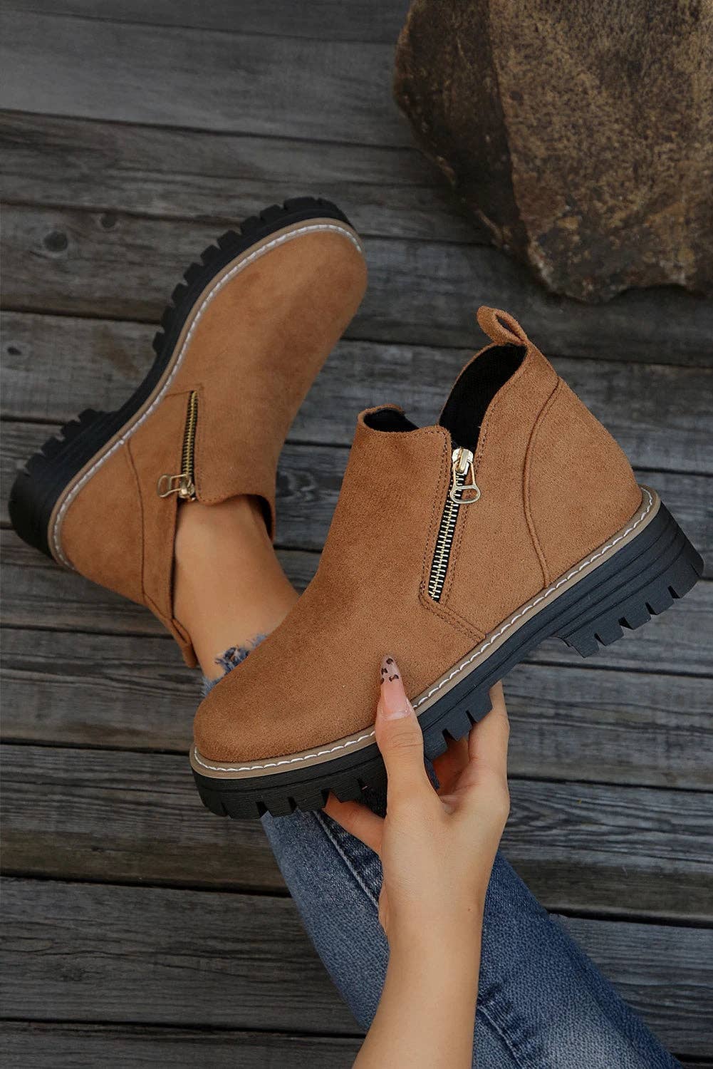 kastanj Bruna ankelstövlar i fuskmocka med dragkedja på sidan för wholesale på Faire3