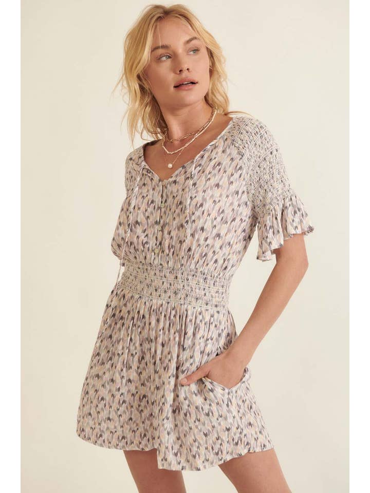 Grey Lavender Abstract-Print Ruffle Smocked-Sleeve Pocket Romper for wholesale on Faire