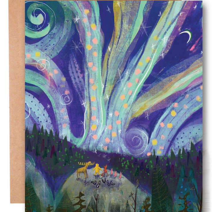 Ginger G. Art - Wholesale Everyday Greeting Card - Fox and Bear with Aurora Borealis - Blank A2 Card