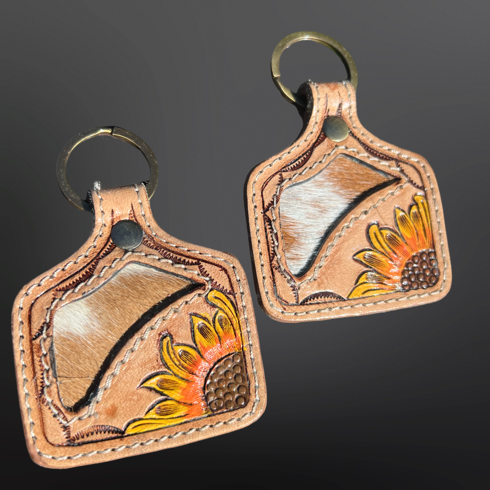 Westrian International - Wholesale Keychain - Women's - Cow Tag Shaped Leather Sunflower Hide Keychain 1