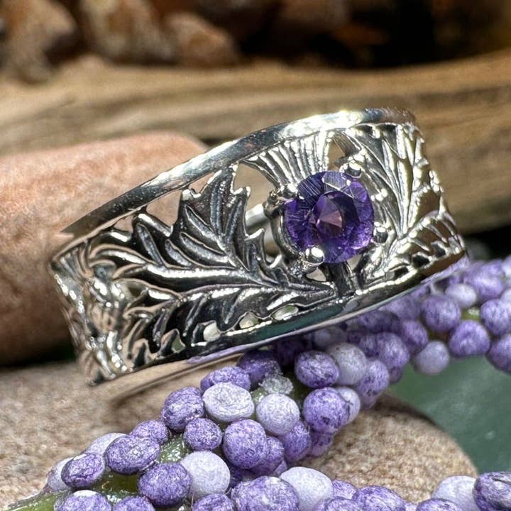 Bague Anneau en Argent Sterling avec Chardon Écossais et Améthyste pour la vente par Celtic Crystal Designs Jewelry & Gifts