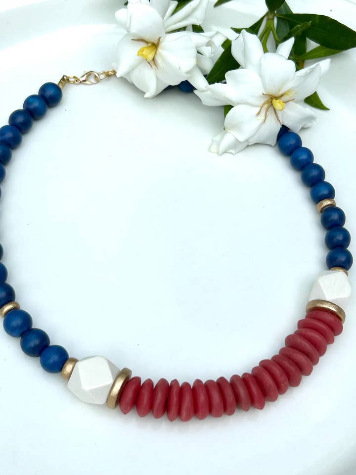 Red white and blue beaded collar statement necklace for wholesale by April Mae Designs