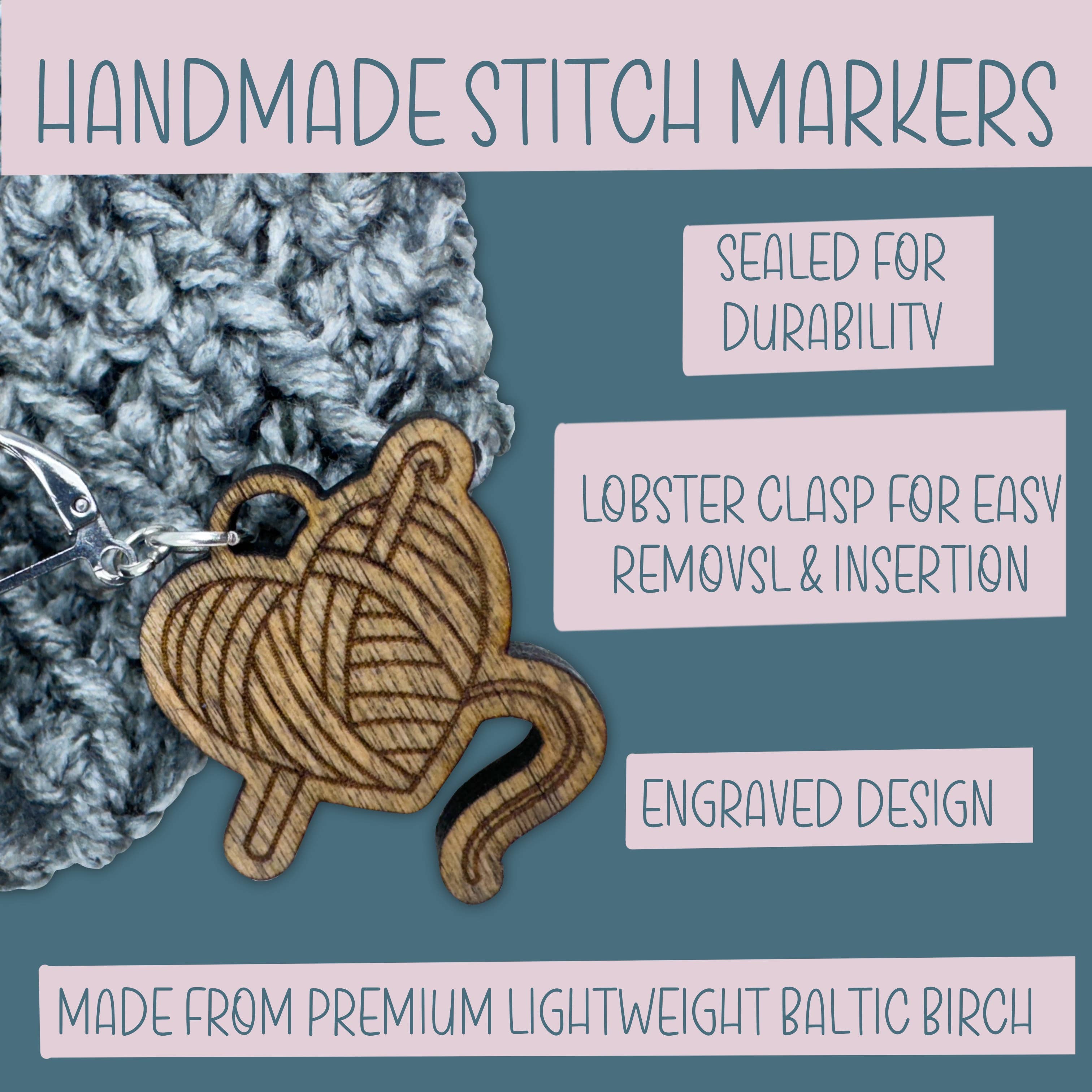 Art by Erica H & Rebel Stitchers - Wholesale Knitting/Crochet Supplies - Handmade Wooden Heart Ball of Yarn Stitch Marker1