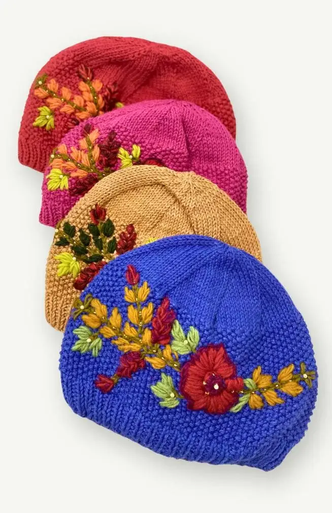 Ganesh Himal Trading - Wholesale Beanie - Women's - Cotton Knit Hat w/Flower Embroidery, fleece lined5