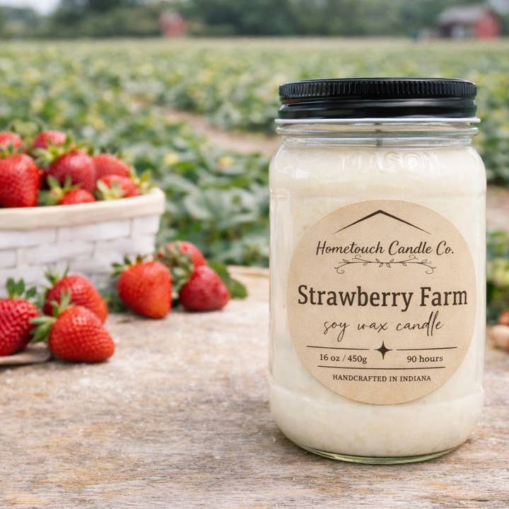 Soy wax candle mason jar- Strawberry Farm for wholesale by Hometouch Candle Co.