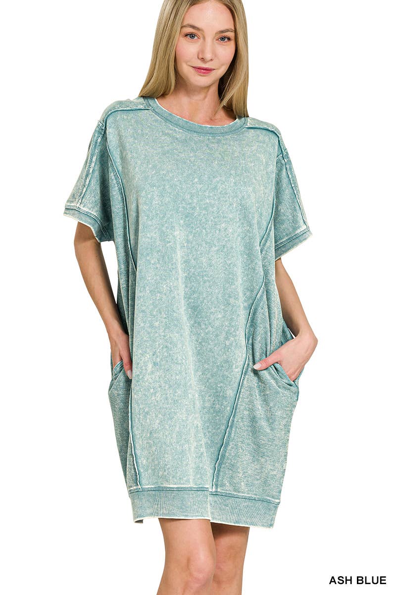 Vanilla Monkey – wholesale Dress – Women's – F/terry Acid Wash Short Sleeve Dress With Pockets1