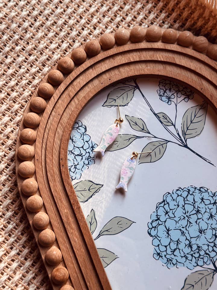 Floral Printed Fish (Small Size) | Polymer Clay Earrings for wholesale by Watch Me Bloom