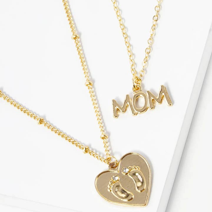 Gold 2-PC Set Mom Baby Footprint Heart Pendant Necklace for wholesale on Faire