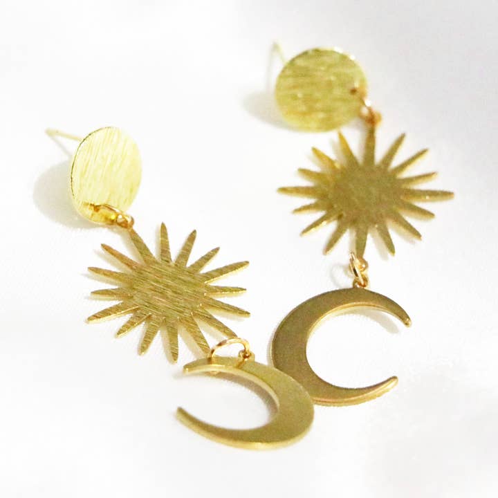 Gold Jewelry, Abstract Earrings, Gold Sun & Moon Earrings for wholesale by The Willow Creek Studio