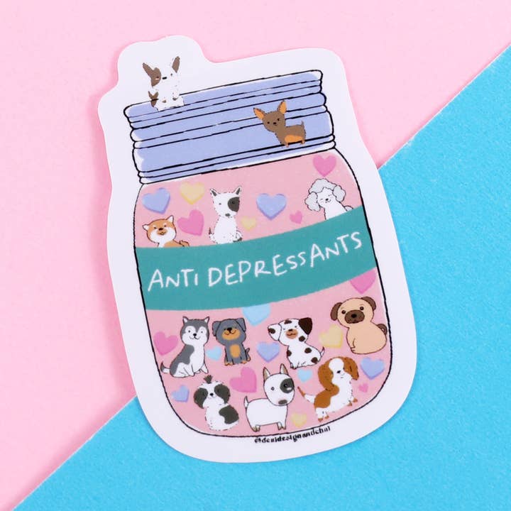 Dog Anti Depressants vinyl sticker for wholesale by Desi design and chai