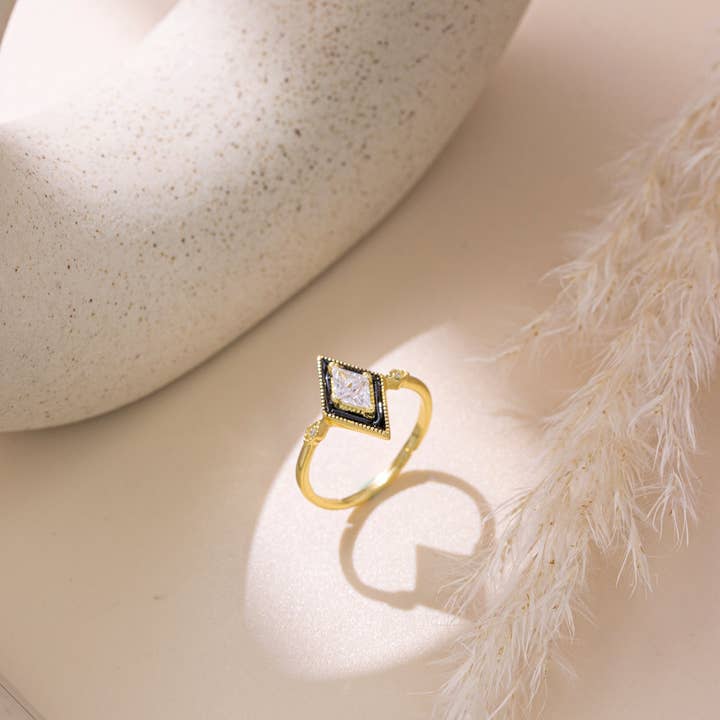 happyzzzsu - Wholesale Multi-Stone Ring - Sterling Silver Gold Plated Black Rhombus Ring3