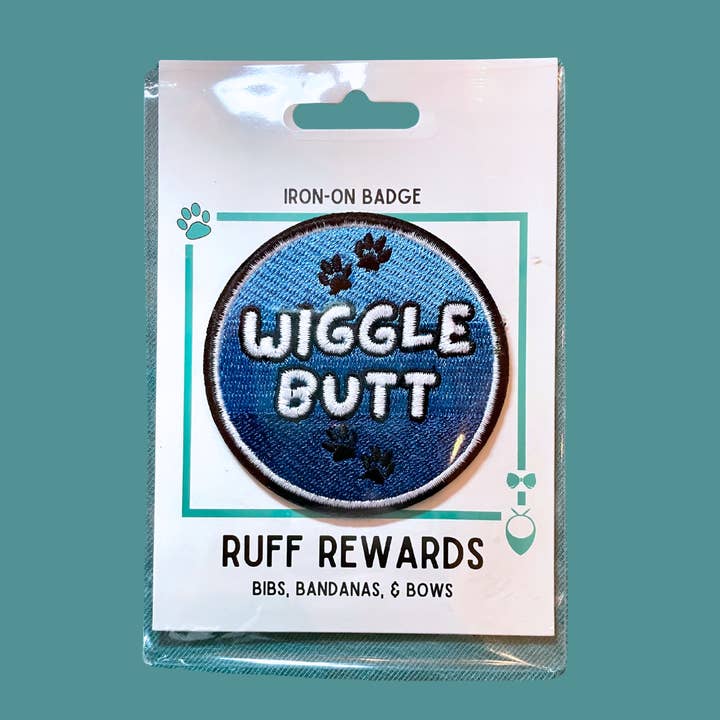 Ruff Rewards Wiggle Butt Iron-On Badge for wholesale by Bibs, Bandanas, & Bows