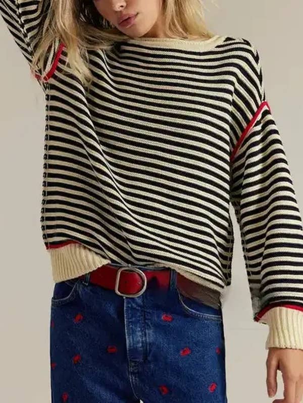 Lovesoft - Wholesale Knit Sweater - Women's - Striped Crewneck Knit Sweater with Contrast Trim