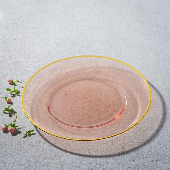 Vikko Decor Platinum Coral Glass Charger with Gold Rim for wholesale by Kadra Kitchenware