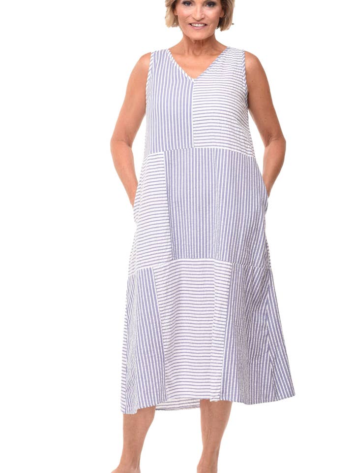 CV1100 Bridgit Dress in Peri Seersucker Stripe* for wholesale by Tulip Clothing