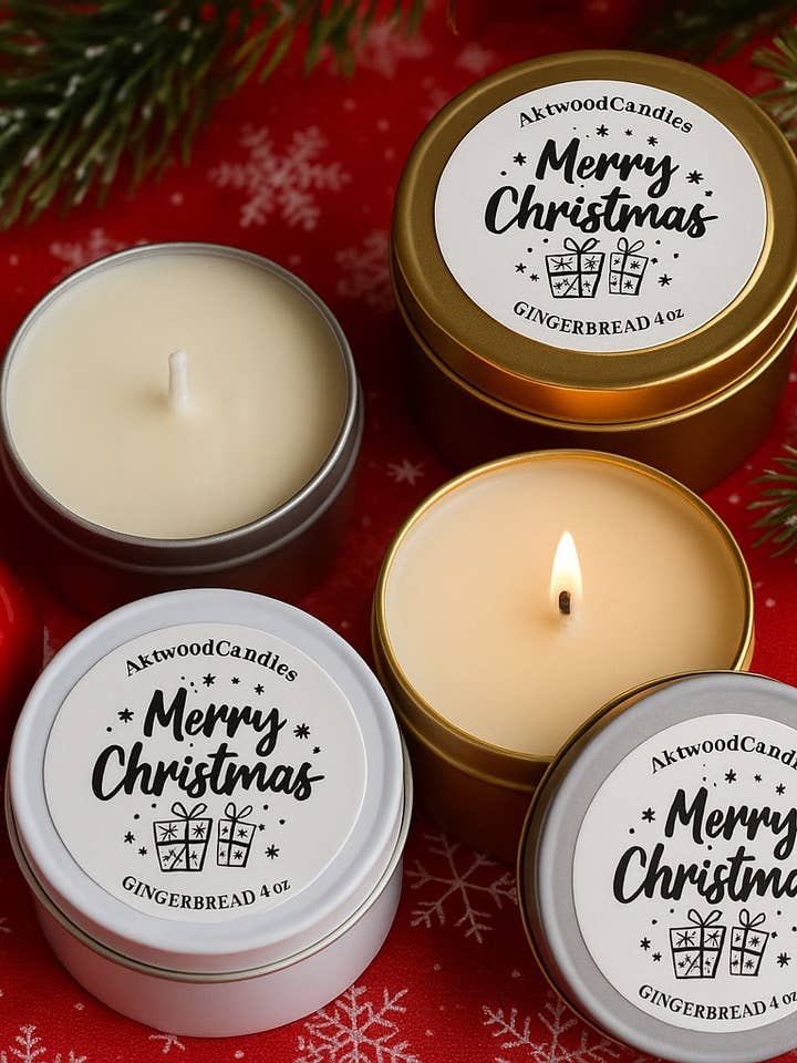 Christmas Holiday Scented Candle in 4 oz Tin,s Cotton Wick for wholesale by Akivodu Candles