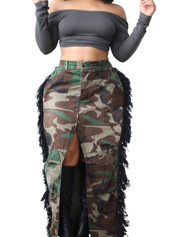 MB FASHION Camo Chic Fringe Maxi Skirt 0594LY for wholesale by MB Fashion Wholesale