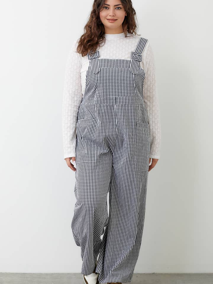 Black GINGHAM OVERALLS WIDE PANTS for wholesale on Faire