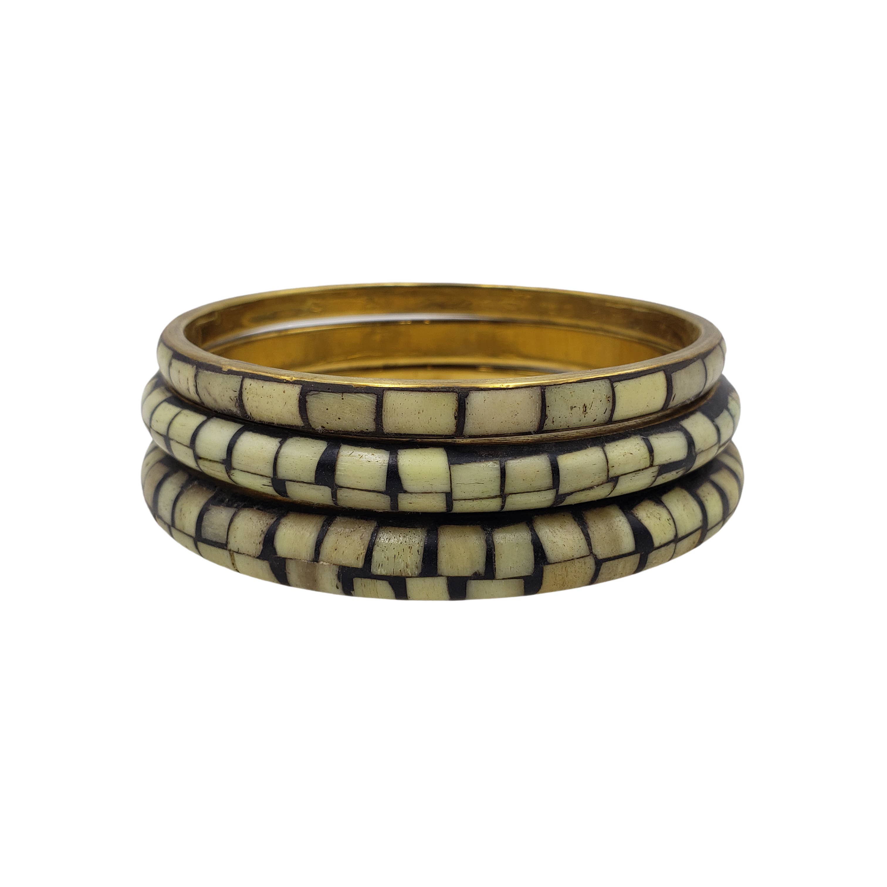 Treasure Jewelry - Wholesale Bangle Bracelet - Bone Mosaic Brass Metal Bangle Set1