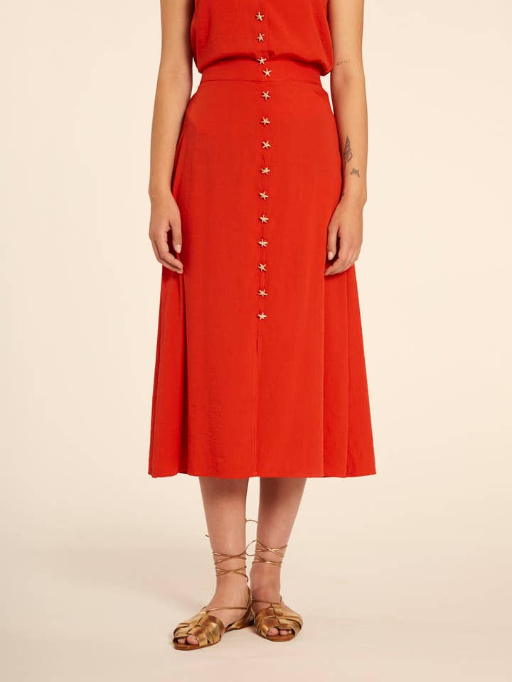 Midirock in Rot mit Sternknöpfen und elastischem Bund für den Großhandel von Pepaloves