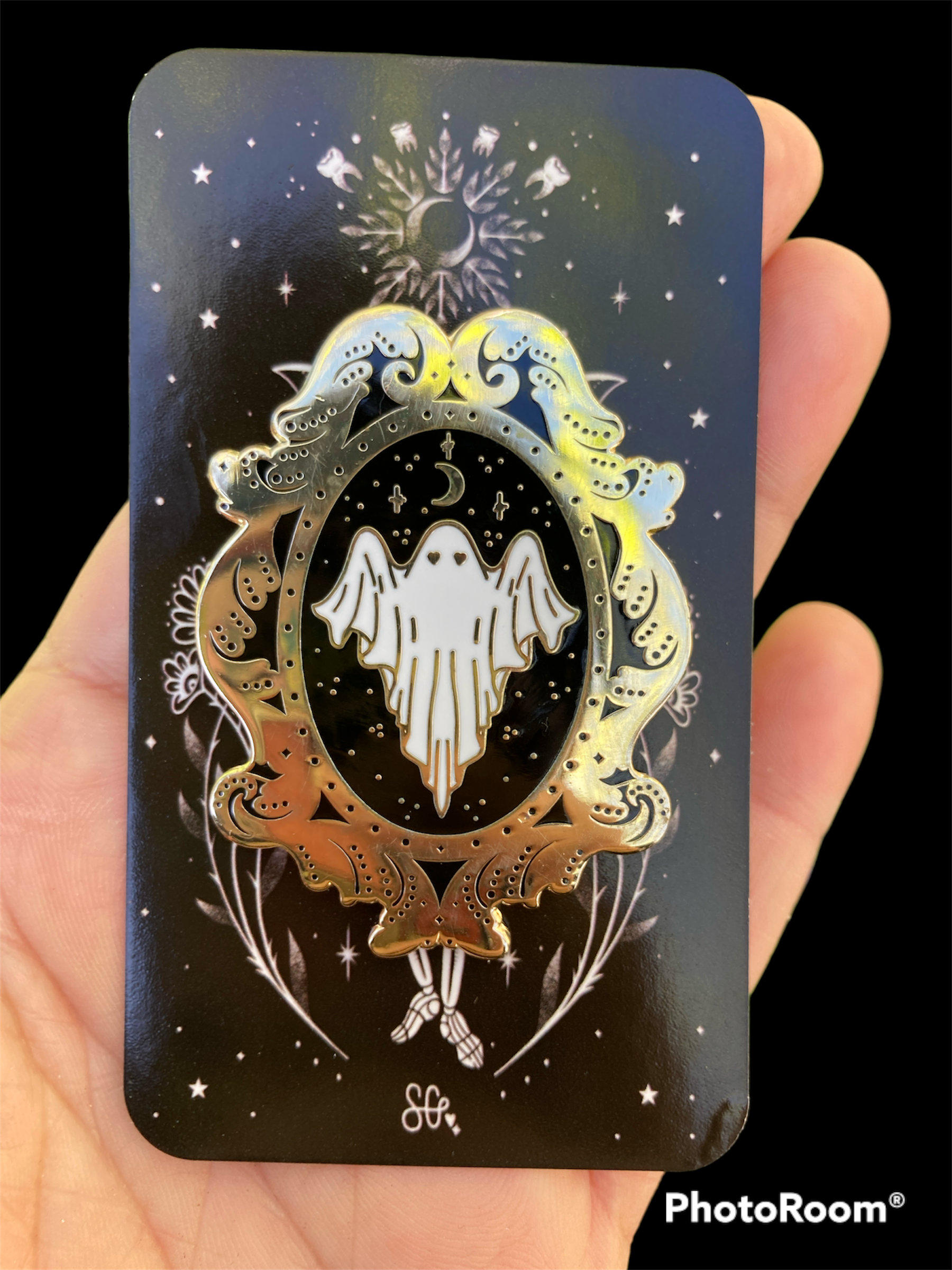 Soni Graves Artistry - Wholesale Lapel Pin/Button - Ghost Frame Pin: Golden Hard Enamel, Goth Spooky Filigree2