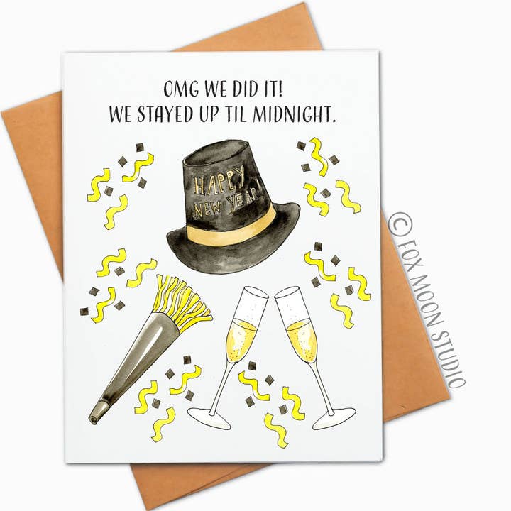 Omg Nós Fizemos! Ficamos Até Meia-Noite - Cartão de Ano Novo por atacado de Fox Moon Studio