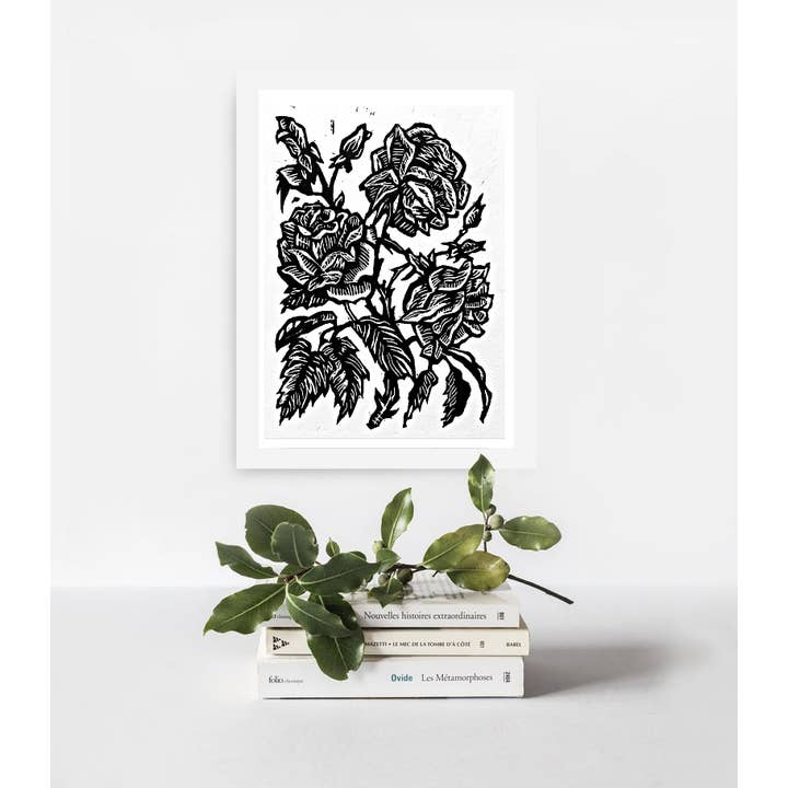 Three Roses Linocut Print, 4 by 6 in for wholesale by Hannah Guthrie Designs