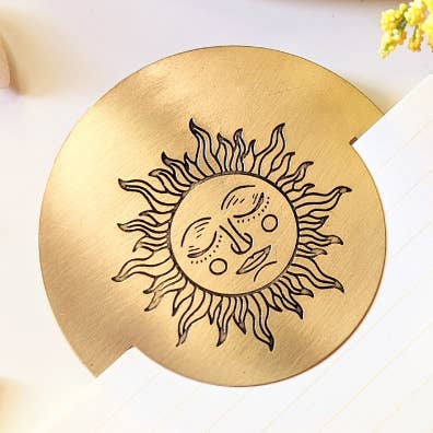 Brass Sun Bookmark - Celestial, Mystical, Solar, Engraved for wholesale by Goddess Provisions