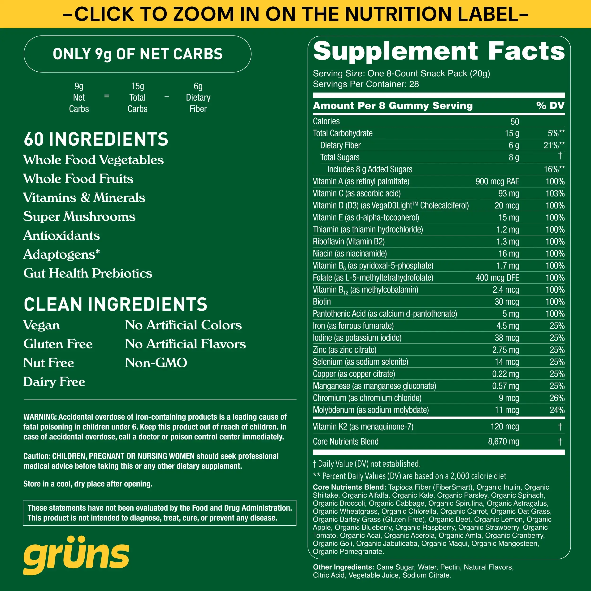 Grüns - Wholesale Oral Supplement/Vitamin - Grüns Adult Superfood Greens Gummies, 30 Servings2