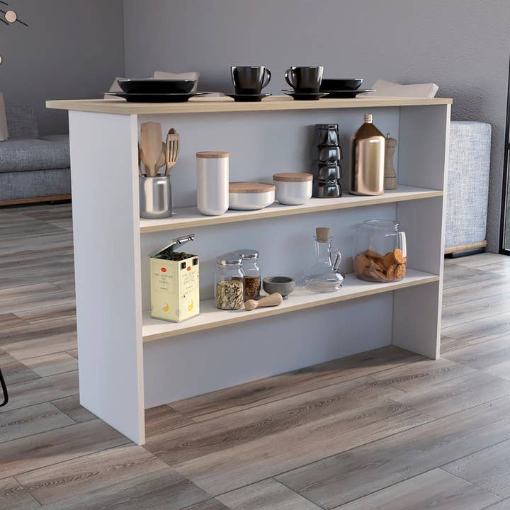 Îlot de cuisine Britton, étagère de rangement, blanc/pin pour la vente par Depot E-Shop