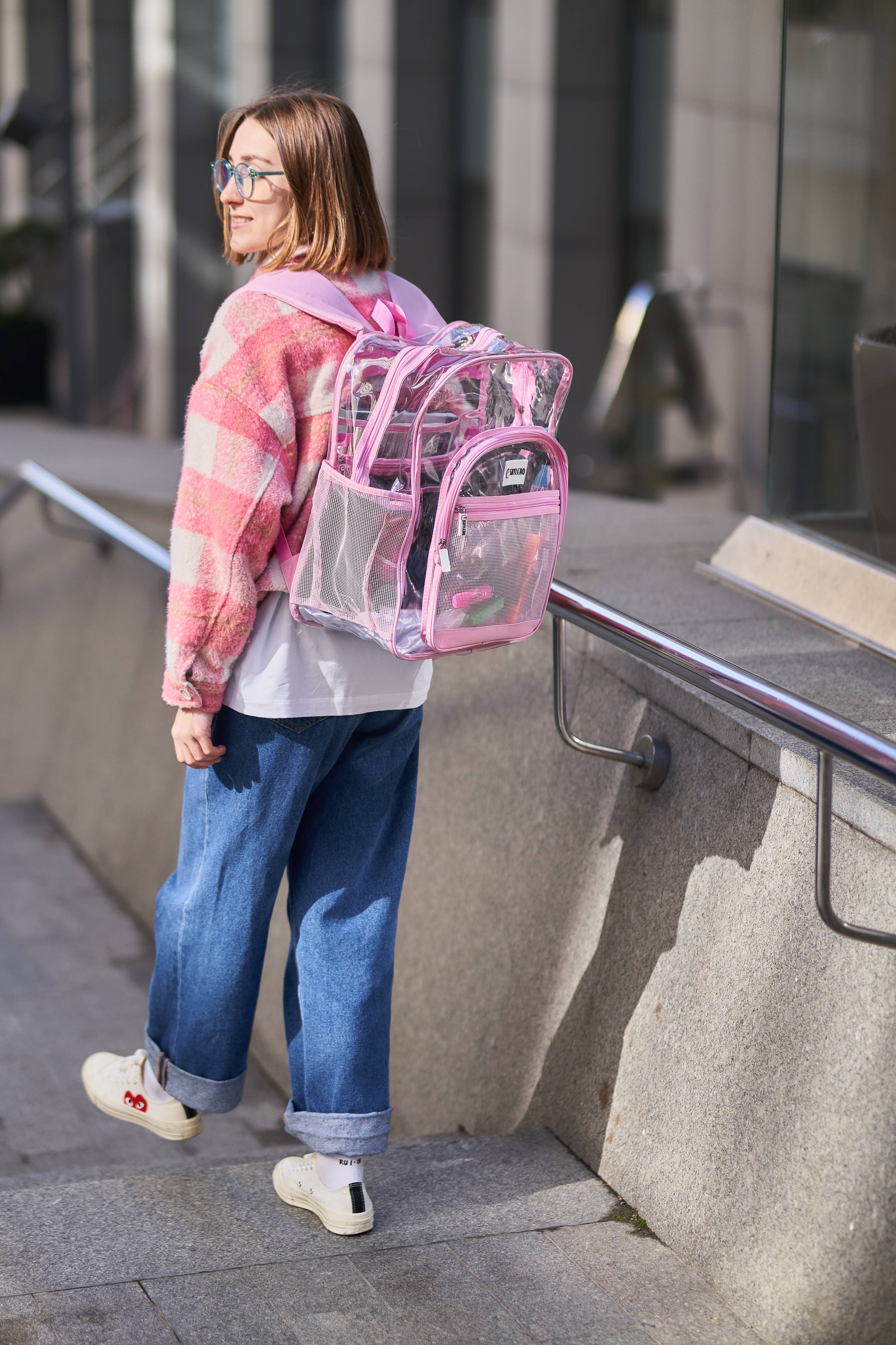 Rhinocéros rose Sac à dos transparent pour école XL | Fermeture éclair supérieure YKK® | Pink Rhino en vente sur Faire10