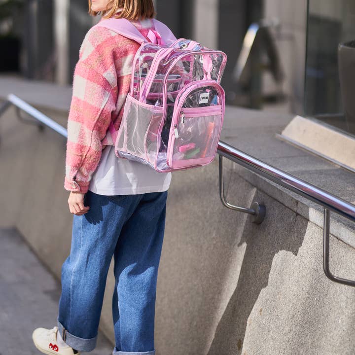 Rhinocéros rose Sac à dos transparent pour école XL | Fermeture éclair supérieure YKK® | Pink Rhino en vente sur Faire10