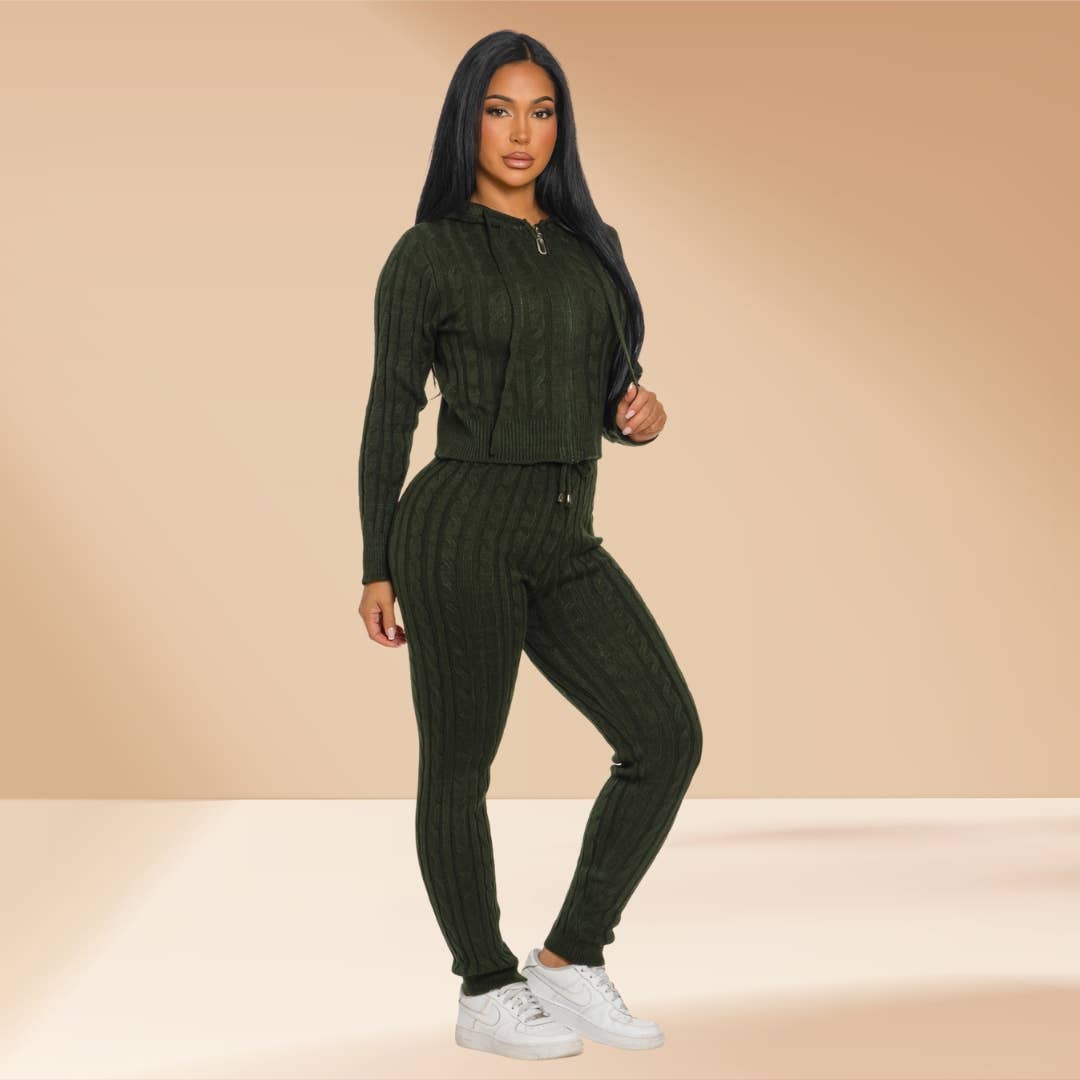 Celystrends - Wholesale Lounge Set - Women's - Cable Knit Pants Set Hooded Sweater8