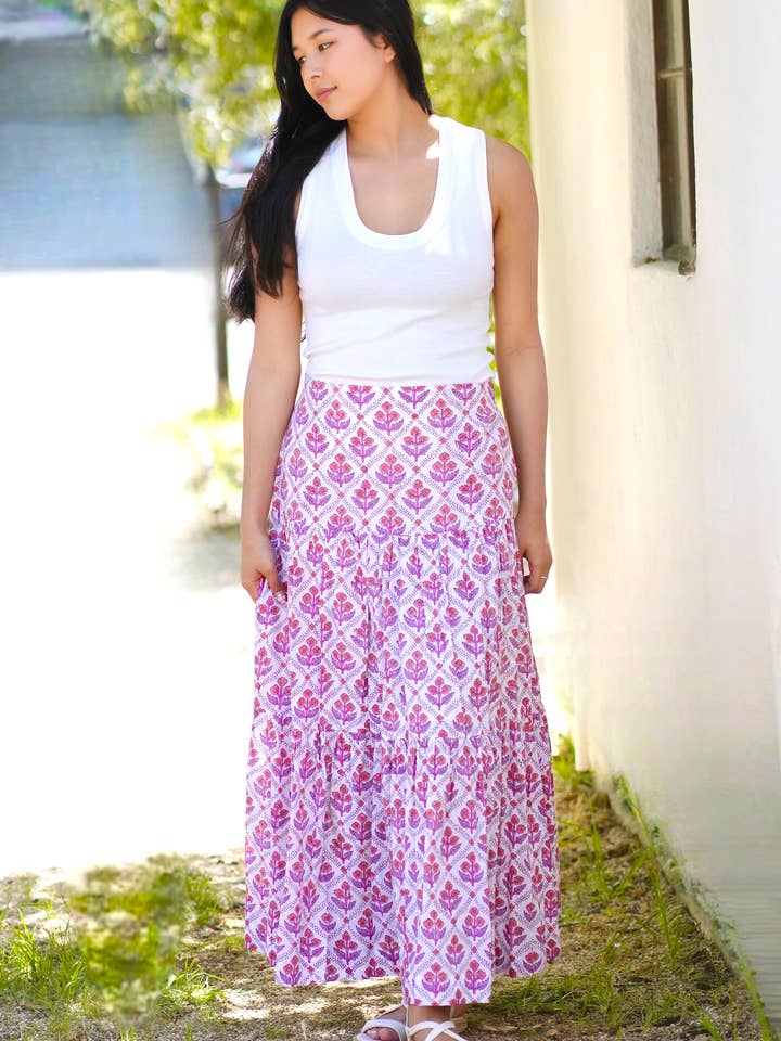 Block Printed Tiered Cotton Skirt- Purple White for wholesale on Faire