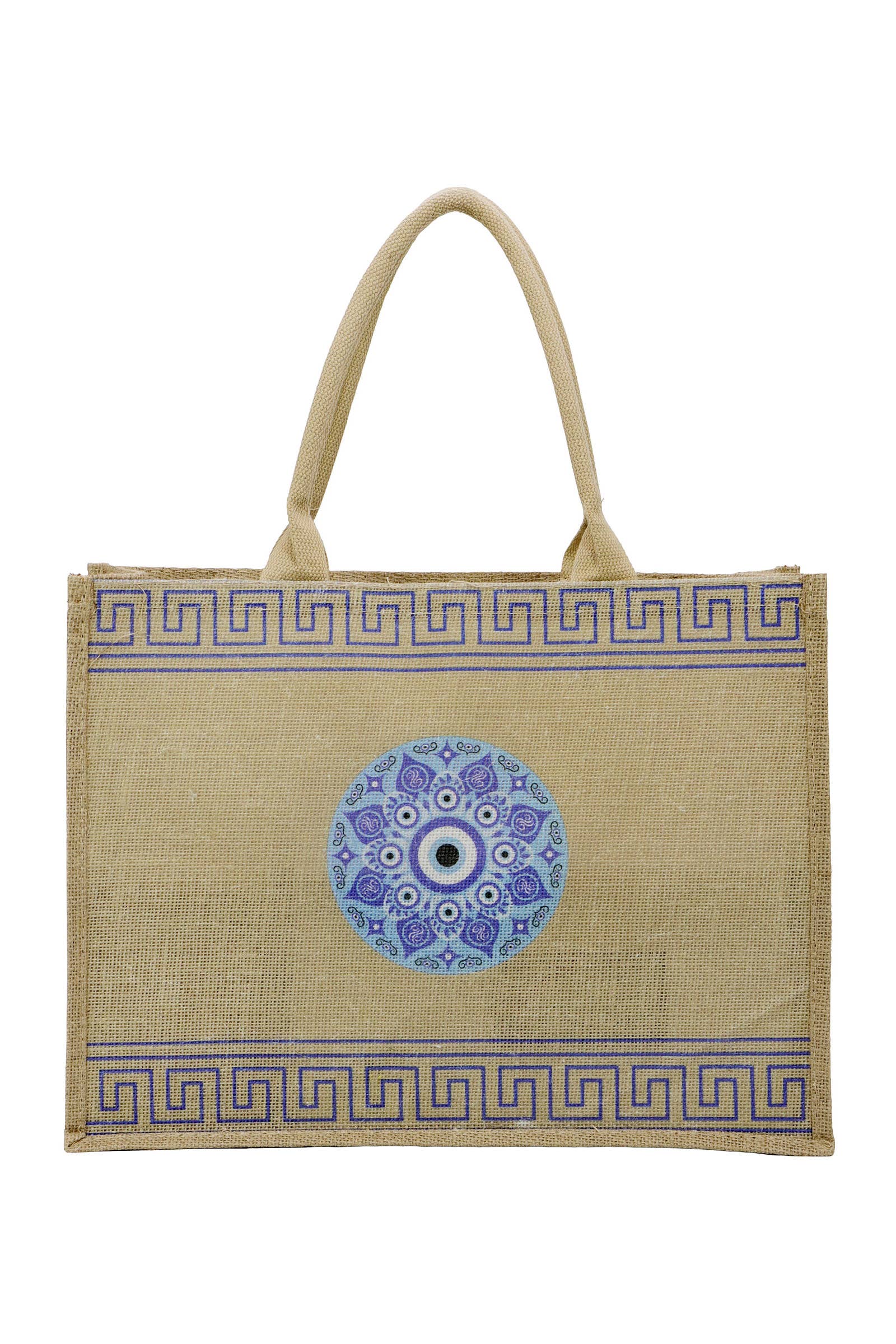 ASSORTED Evil Eye Greek Key Burlap Box Tote Beach Bag for wholesale on Faire5