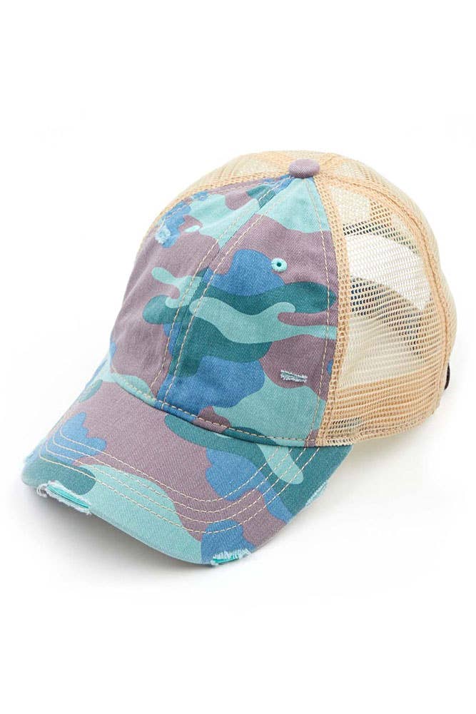 Hana – wholesale Hästsvanskeps - Dam – C.C kamouflage nödställda vintage stil hästsvans mössa4