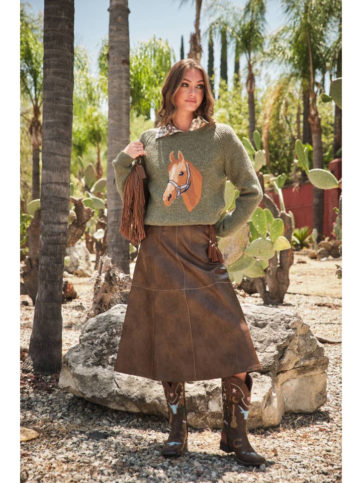 BROWN 37012S - Zigzag Seam Washed Faux Leather Midi Skirt for wholesale on Faire9