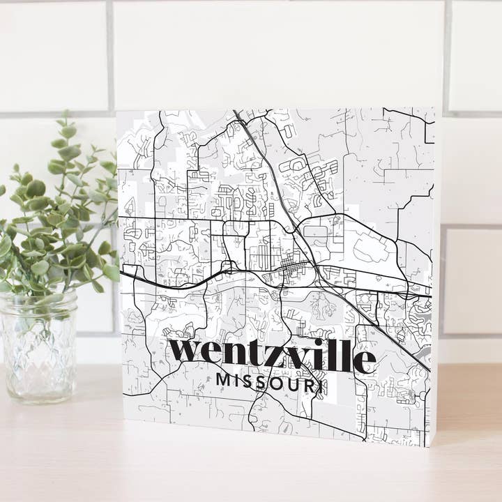 10x10 Wood Block-Black & White Minimalistic Wentzville Missouri Map for wholesale on Faire