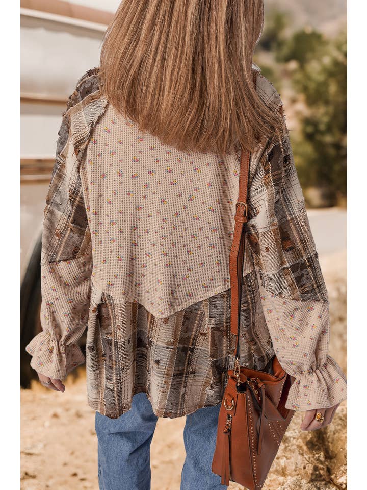 fashionworks - Wholesale Shirt Jacket/Shacket - Women’s - Boho Distressed Detail Ruffled Sleeve Waffle Knit Shacket1