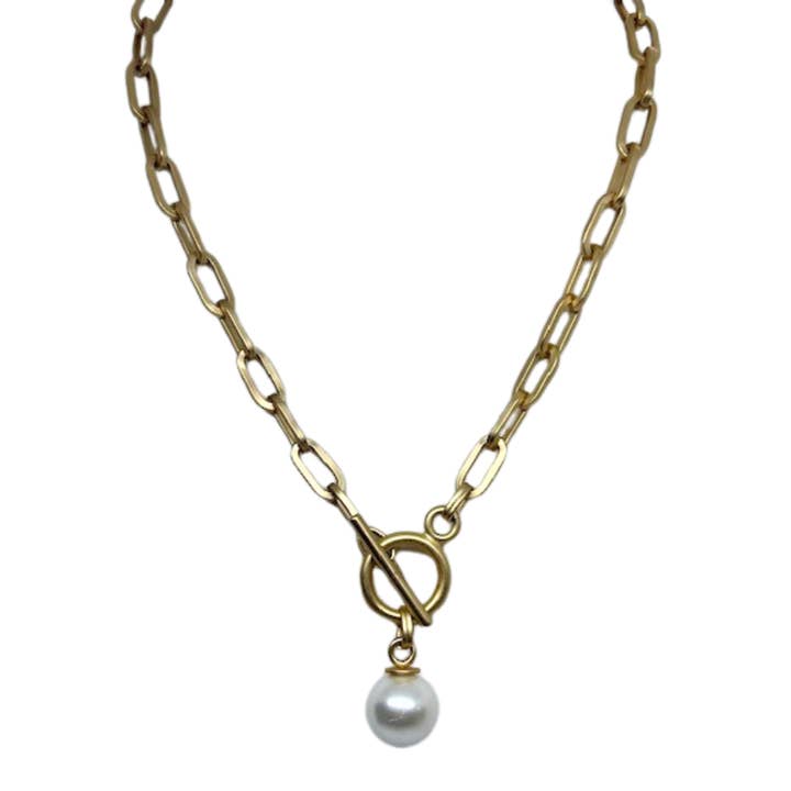 Deborah Grivas Designs - Wholesale Pendant/Charm Necklace - Matte Gold Paperclip Chain With White Bubble Pearl Pendant