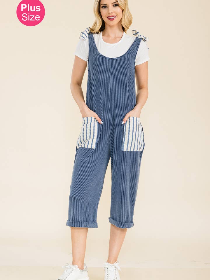 MONO CAPRI ACANALADO URBANO DE TALLA GRANDE Y BOLSILLOS A RAYAS CP33873A para venta al por mayor de Celeste Clothing