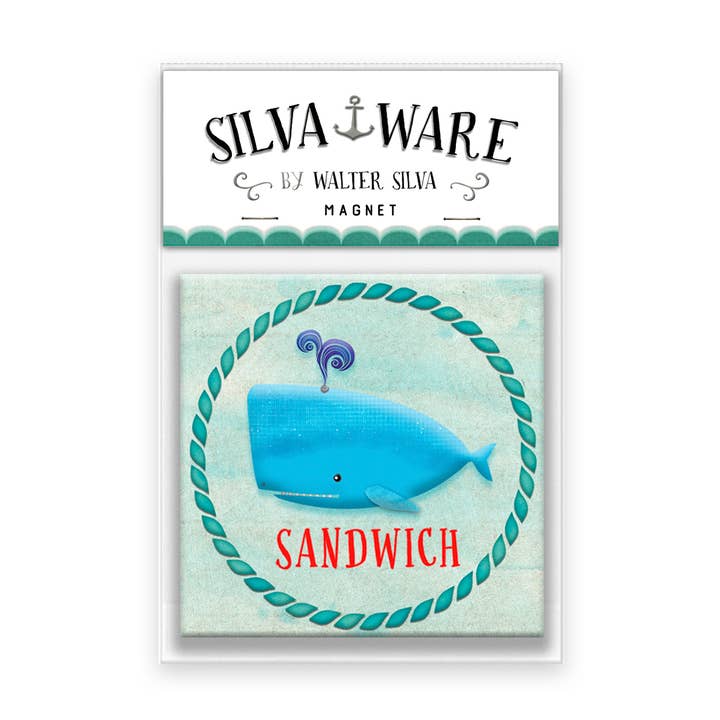 SANDWICH Blue Whale Souvenir Wooden Square ART Magnet for wholesale by Silva Ware By Walter Silva
