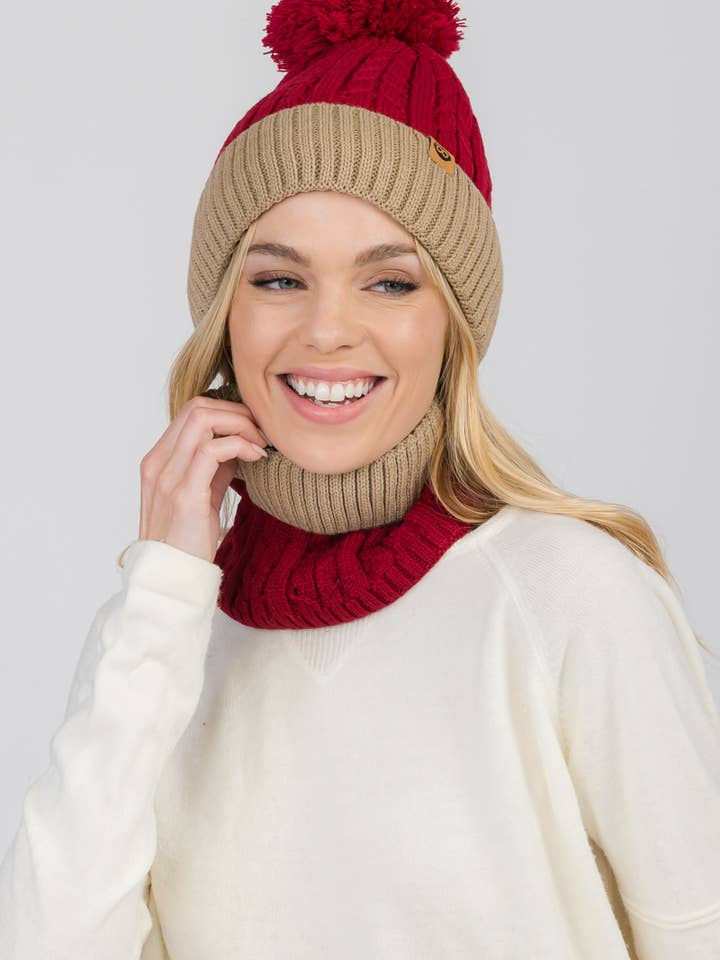 Two Tone Fleece Lined 2Pcs Beanie Set for wholesale by Honey J