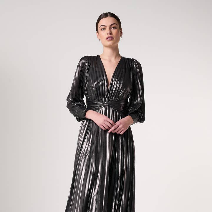 Alberta Metallic Charcoal Pleated Maxi Dress for wholesale by Frock & Frill