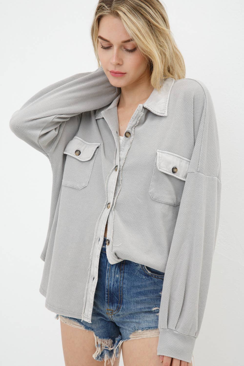 Blue B - Wholesale Shirt Jacket/Shacket - Women's - 31626J - Textured Knit Contrast Washed Frayed Button Jacket10