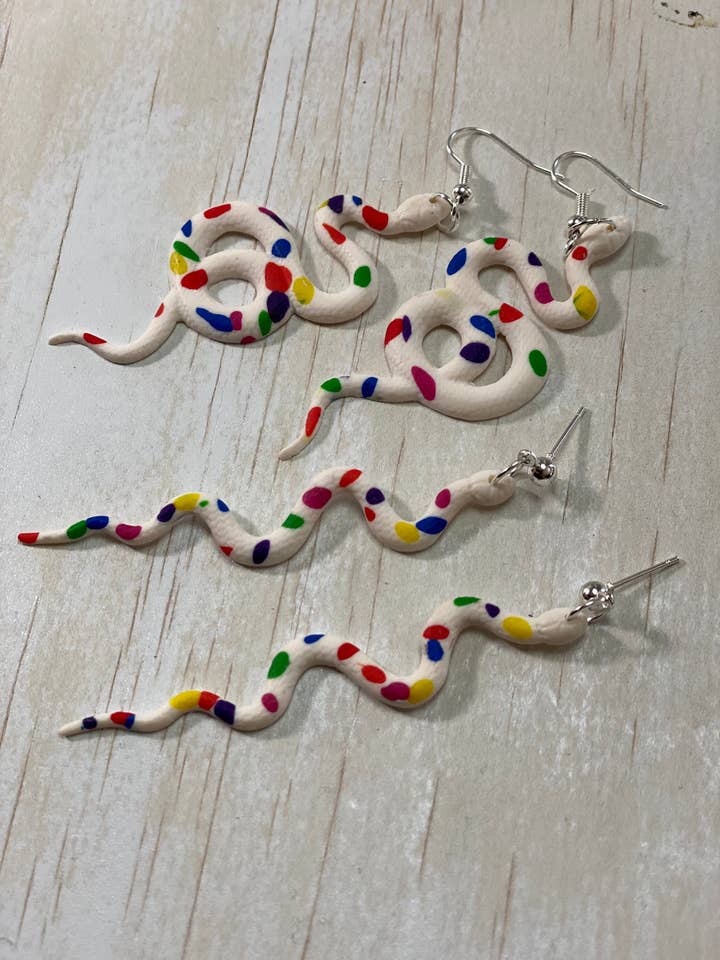 Rainbow Snake Earrings, Pride Month, Polymer Clay, Snakes for wholesale by Dayna Olson Handmade