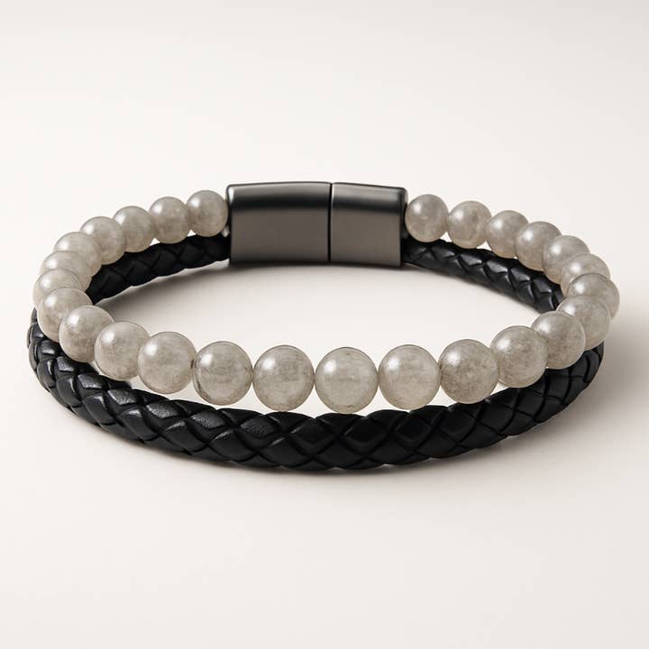 Bracelet Homme cuir labradorite (boules 5-6mm) pour la vente par La Boîte à Cailloux