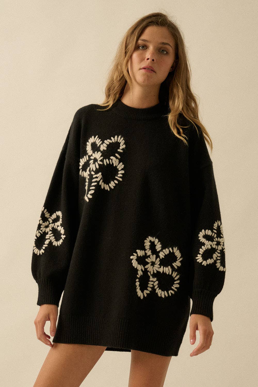 Promesa USA - Wholesale Dress - Women's - Floral Embroidered Mock-Neck Mini Sweater Dress0