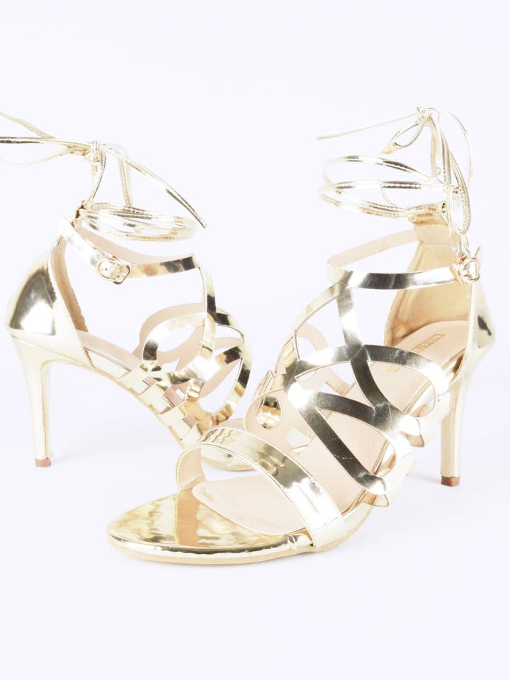 Lovemystyle Gold Caged Heeled Sandals With Tie Ankle for wholesale by LoveMyStyle