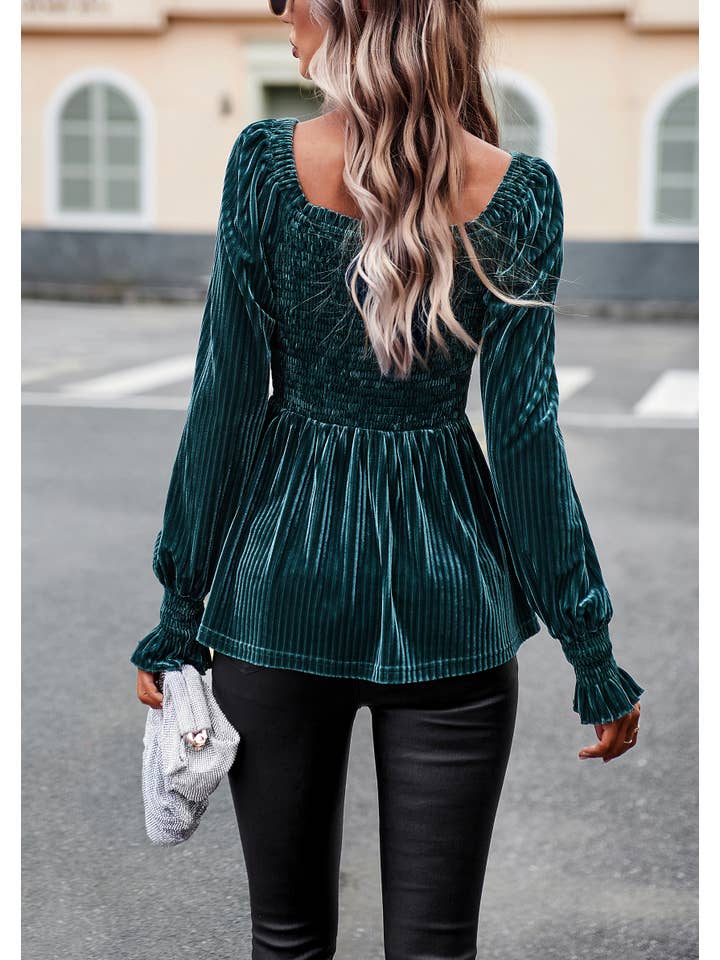 ePretty - Wholesale Blouse - Women's - Velvet Smocked Ribbed Square Neck Peplum Blouse SZ25-TP3203213